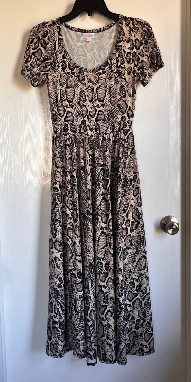 LuLaRoe Short Sleeve Scoop Neck Midi Dress | Beige & Black Snake Print, XXS